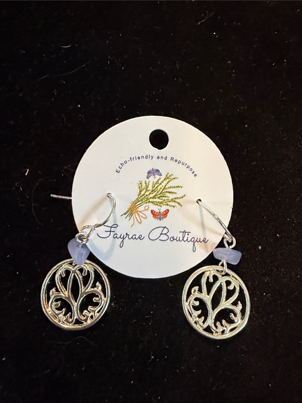 Silver Tree Drop Earrings with Light Lavender Accent